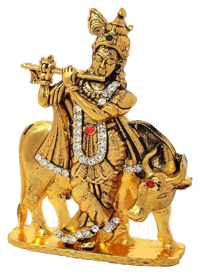 GCT Lord Krishna Idol with Cow Bansuri Krishna Idol (B-117) Gold Metal Statue for Home Décor Car Dashboard Mandir Pooja Murti Temple Puja Office Table Showpiece - Image 4